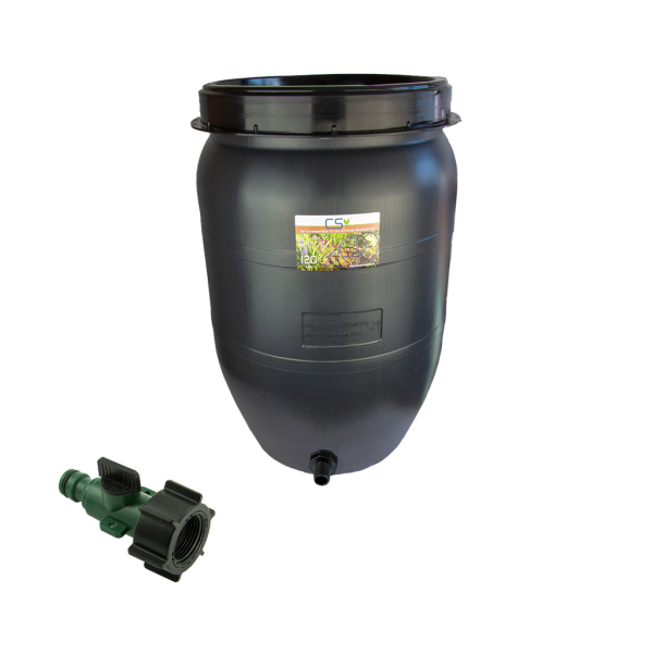 CS Drehdeckelfass 120 Liter grau mit Tankdurchführung und Absperrventil für die drucklose Bewässerung