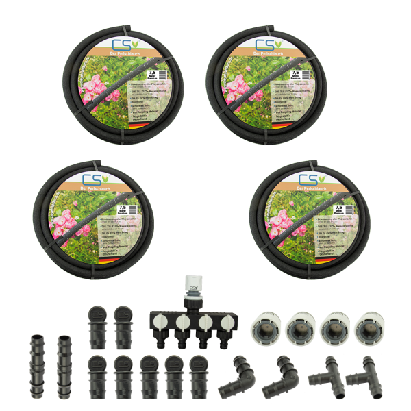 CS Perlschlauch Premium Set 4x7,5 m für Gartenbewässerung mit 4 Fach Verteiler und Verbindern