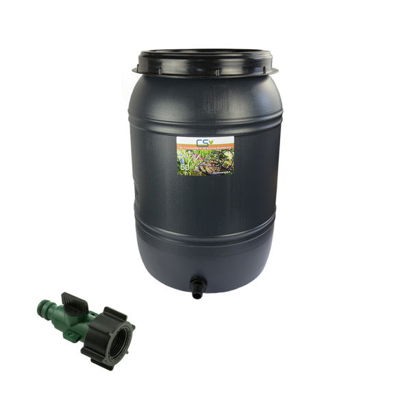 CS Drehdeckelfass 60 Liter grau mit Tankdurchführung und Regulierventil für die drucklose Bewässerung