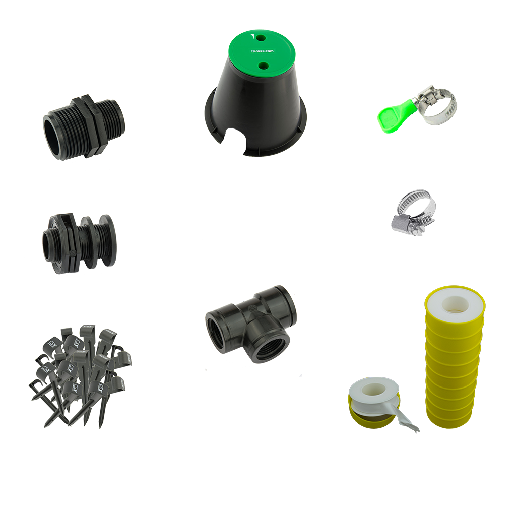 Installation material: ground stakes, clamps, gaskets